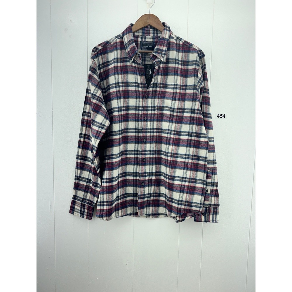 Jackson Hole Men's Flannel Shirt Red White Blue Plaid Button Down Cotton Blend L